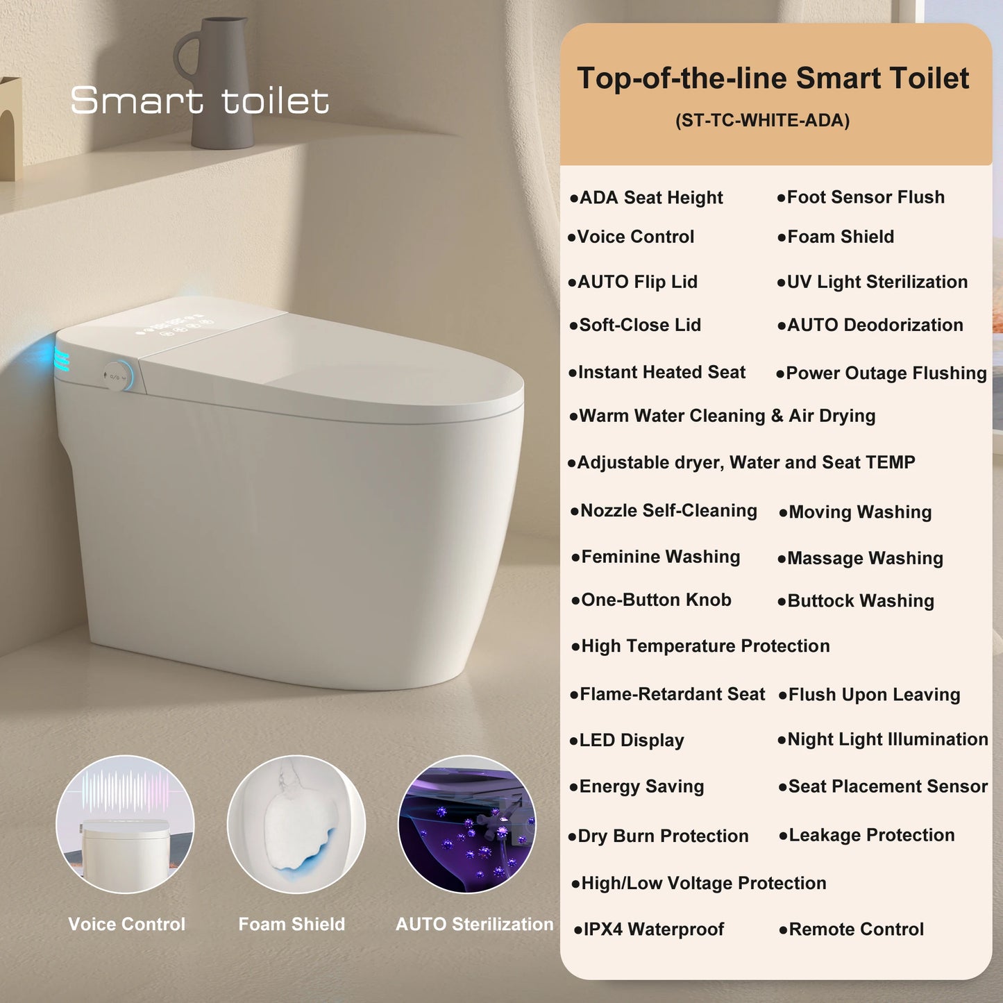 Smart Toilet With Built-In Bidet Auto Open Dual Heated Seat