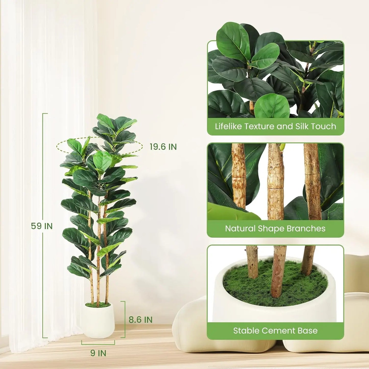 HiMISS Fiddle Leaf Fig Tree With Pot Faux Indoor Plant