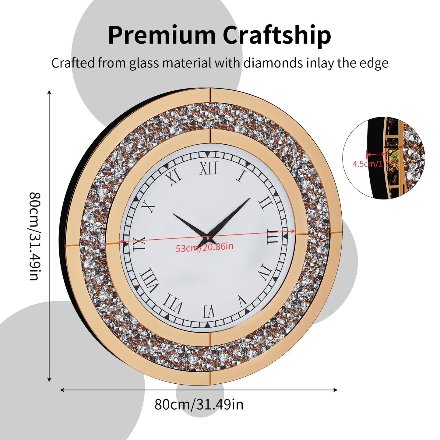 Round Mirror Wall Clock with Crystal Sparkle Embellishments