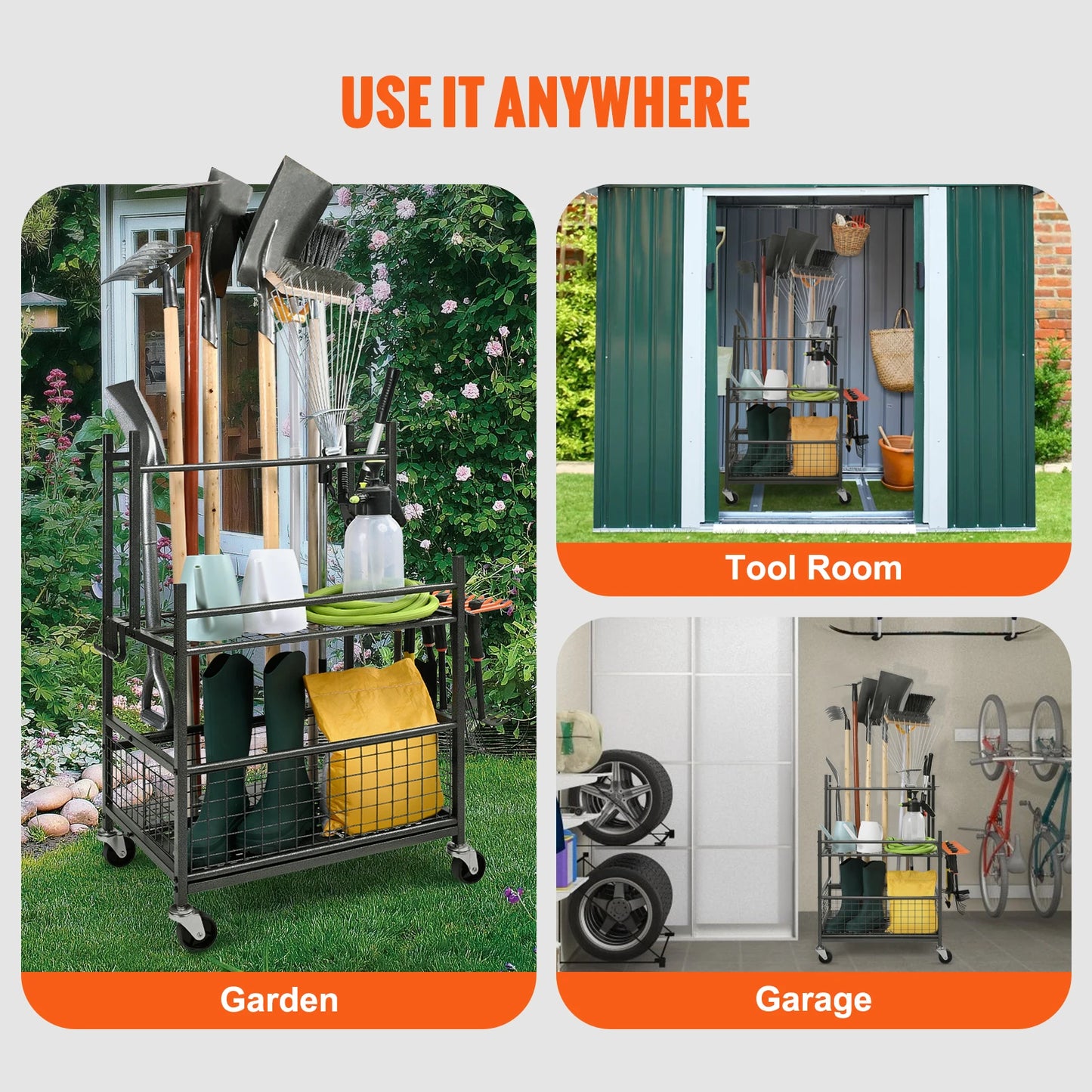 Garden Tool Organizer Rack 16 Slots With Hooks And Wheels