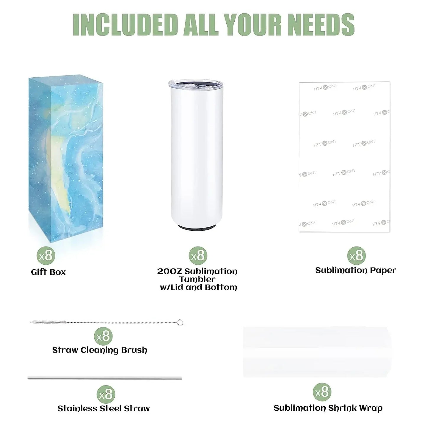8 Pack Sublimation Tumbler Blanks Skinny Straight Stainless Steel