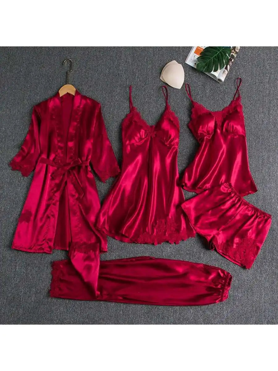 Womens 5 Piece Satin Pajama Set Robe Cami Pants Shorts
