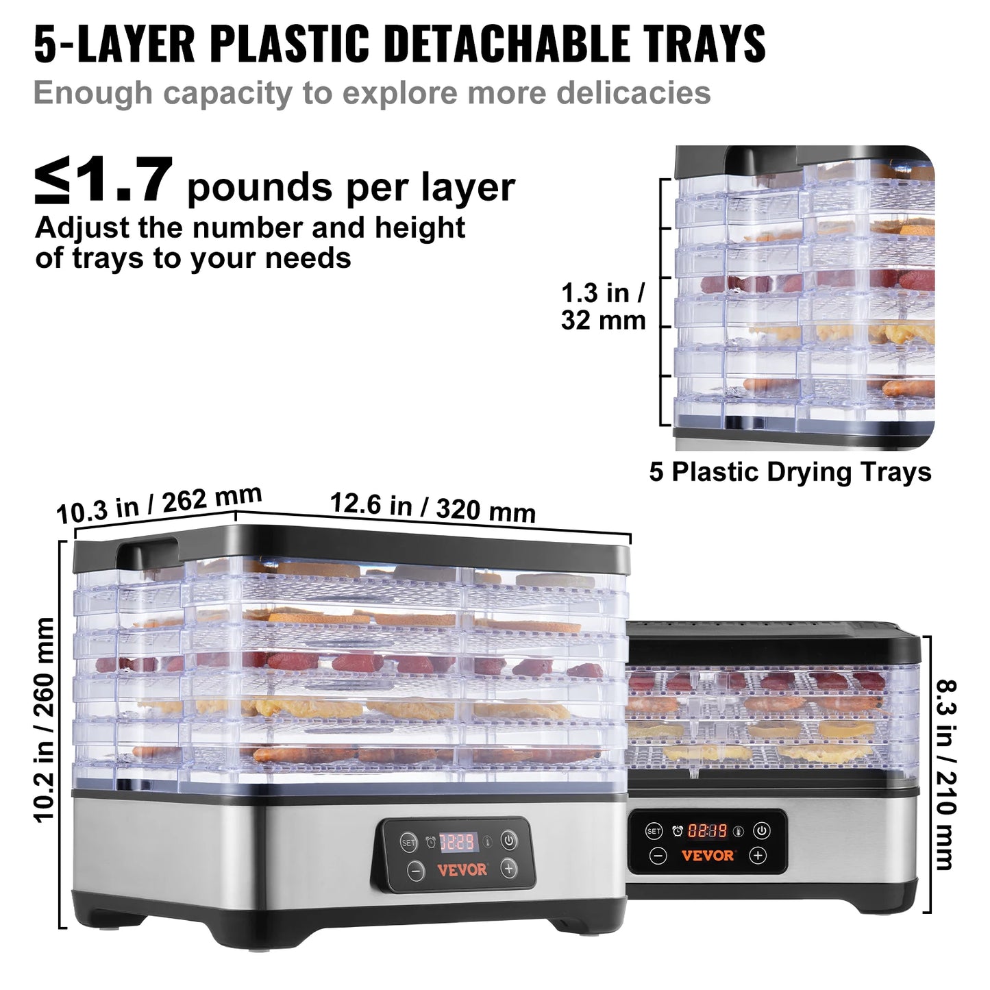 VEVOR 5 Tray Food Dehydrator Dryer With Digital Timer Temperature