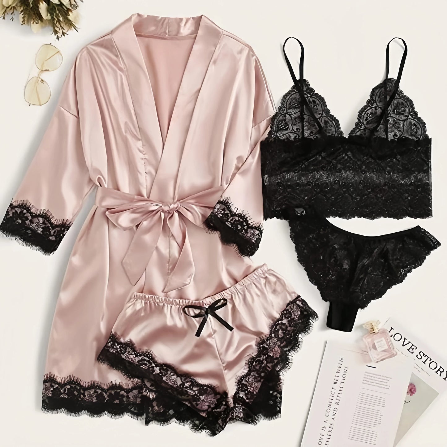 Women's Satin Lace 3-Piece Sleepwear Set With Robe Romantic