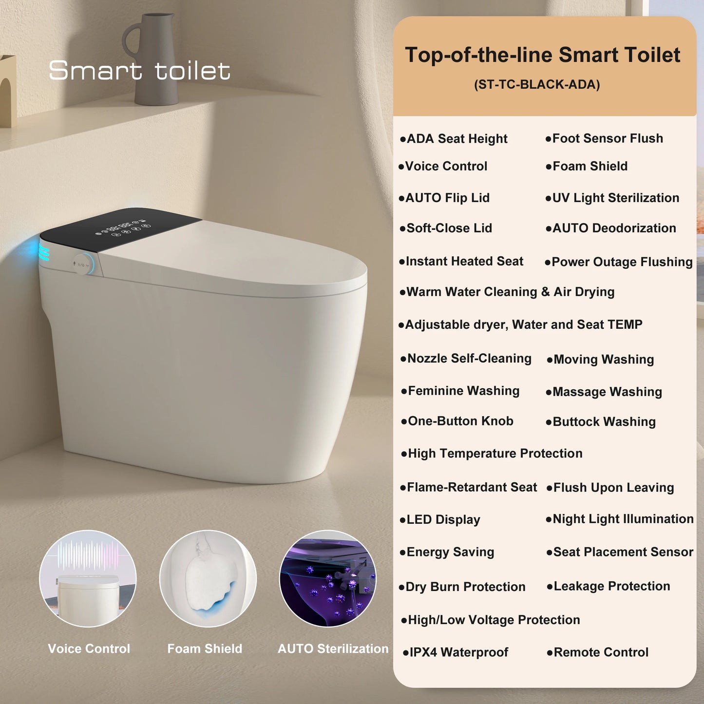 Smart Toilet With Built-In Bidet Auto Open Dual Heated Seat