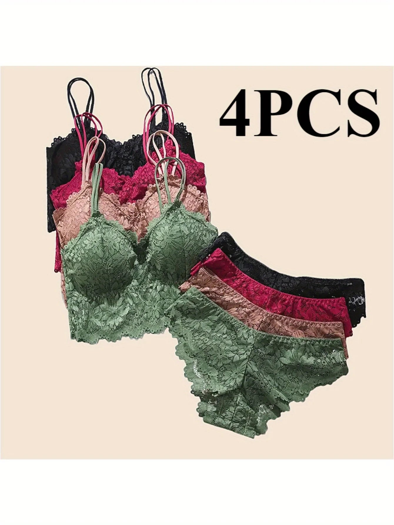Women's Sexy Lace Bra and Panty Set 4pc Seamless Breathable Lingerie