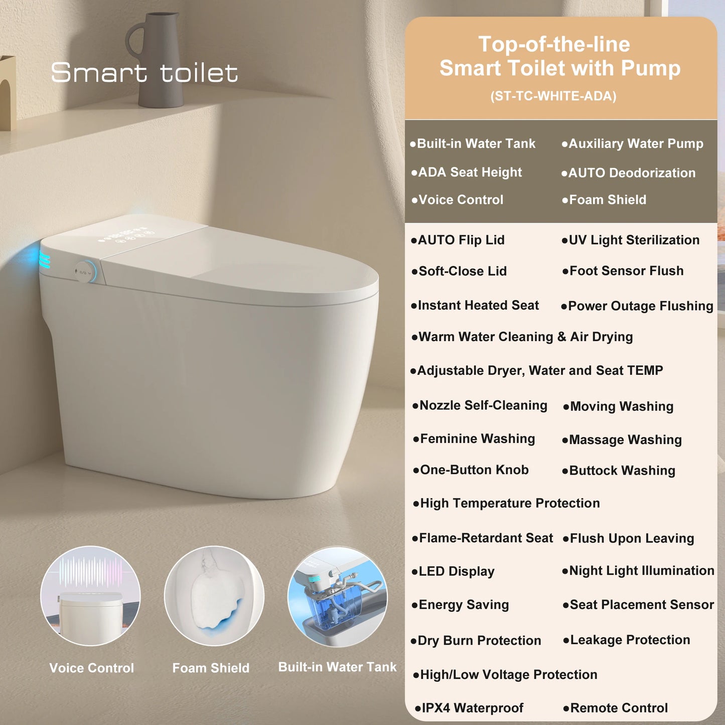 Smart Toilet With Built-In Bidet Auto Open Dual Heated Seat