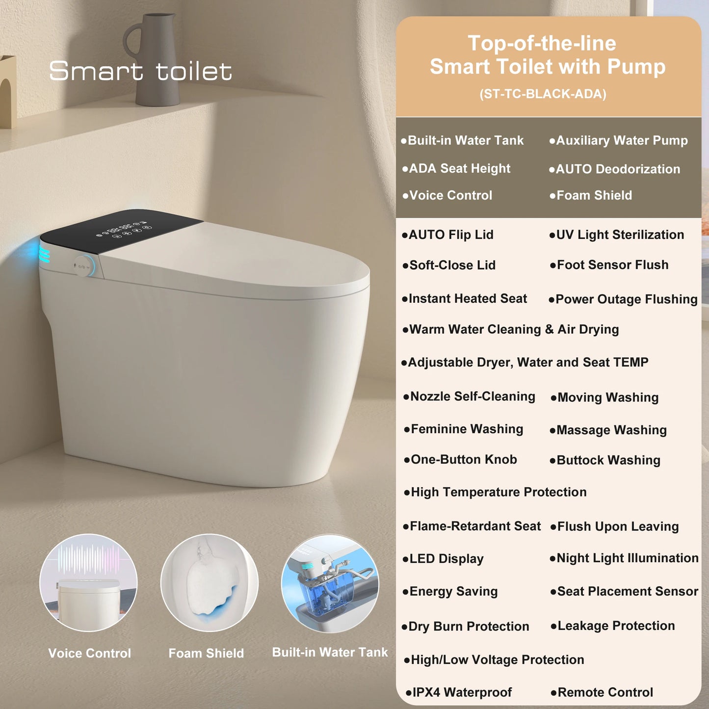 Smart Toilet With Built-In Bidet Auto Open Dual Heated Seat