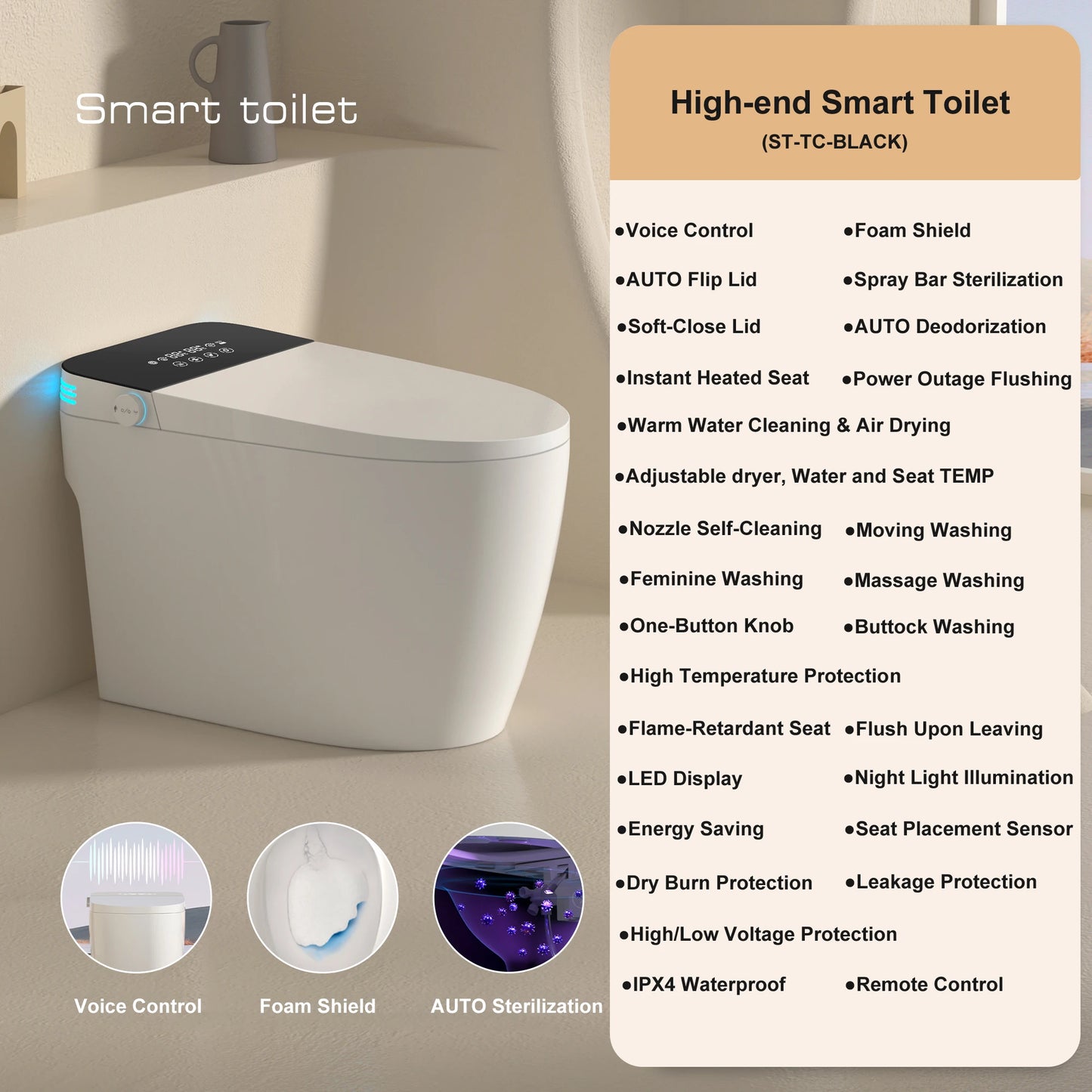 Smart Toilet With Built-In Bidet Auto Open Dual Heated Seat