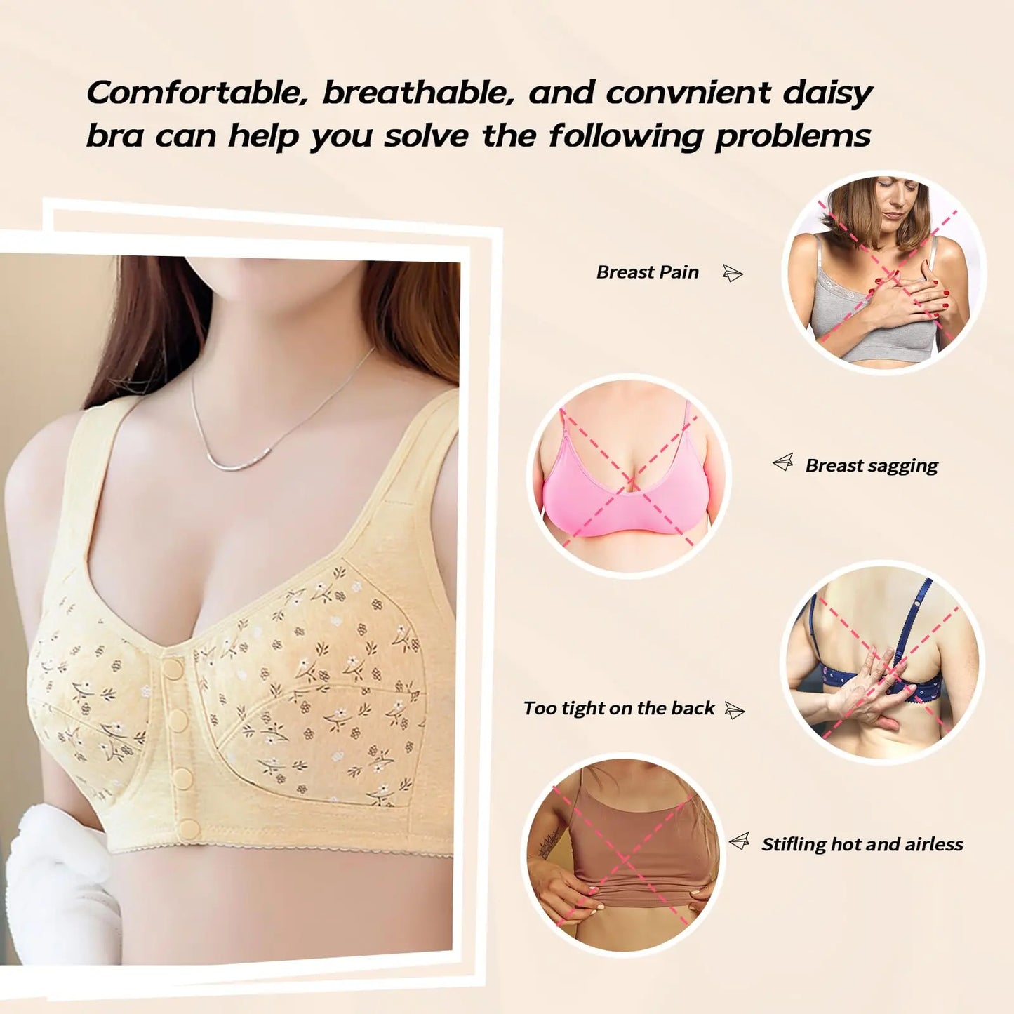 Floral Lace Wireless Bra For Women With Adjustable Breathable Support