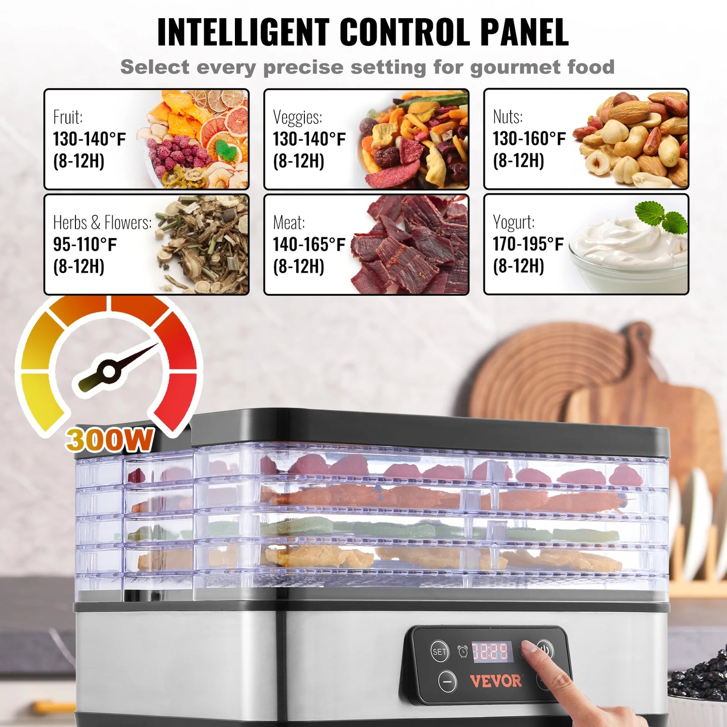 VEVOR 5 Tray Food Dehydrator Dryer With Digital Timer Temperature