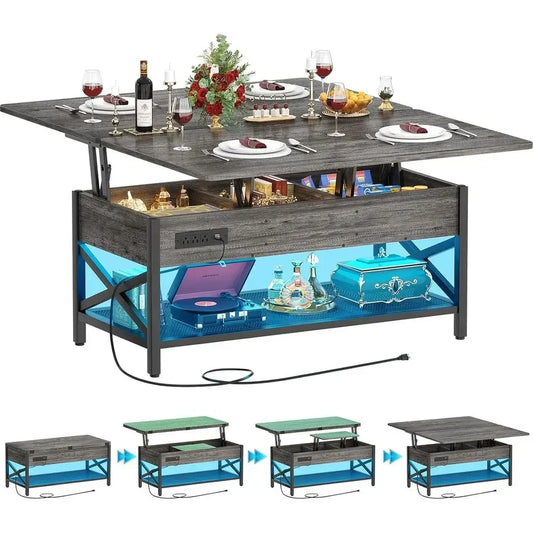 Lift Top Coffee Table Converts To Dining Table With LED Light And Power Outlet