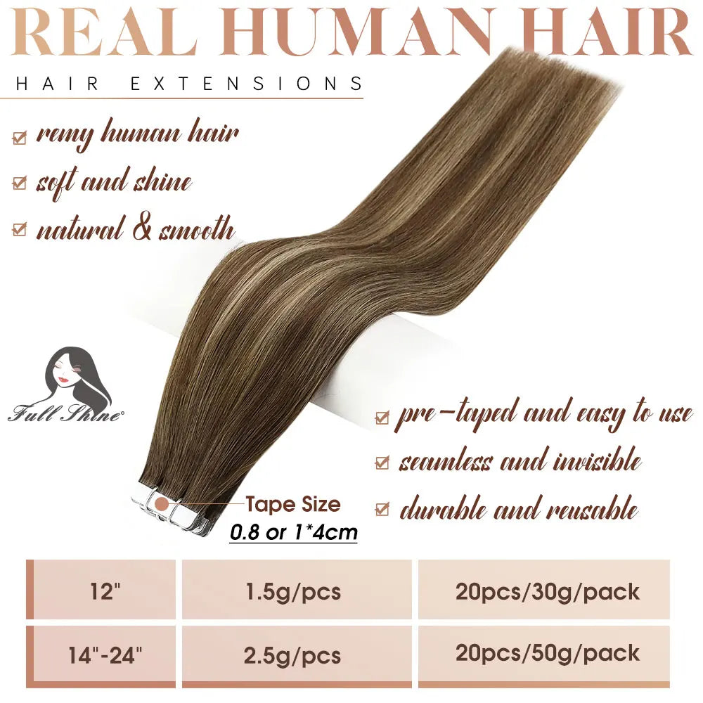 Full Shine Hair Tape In Remy Natural Human Hair Extensions