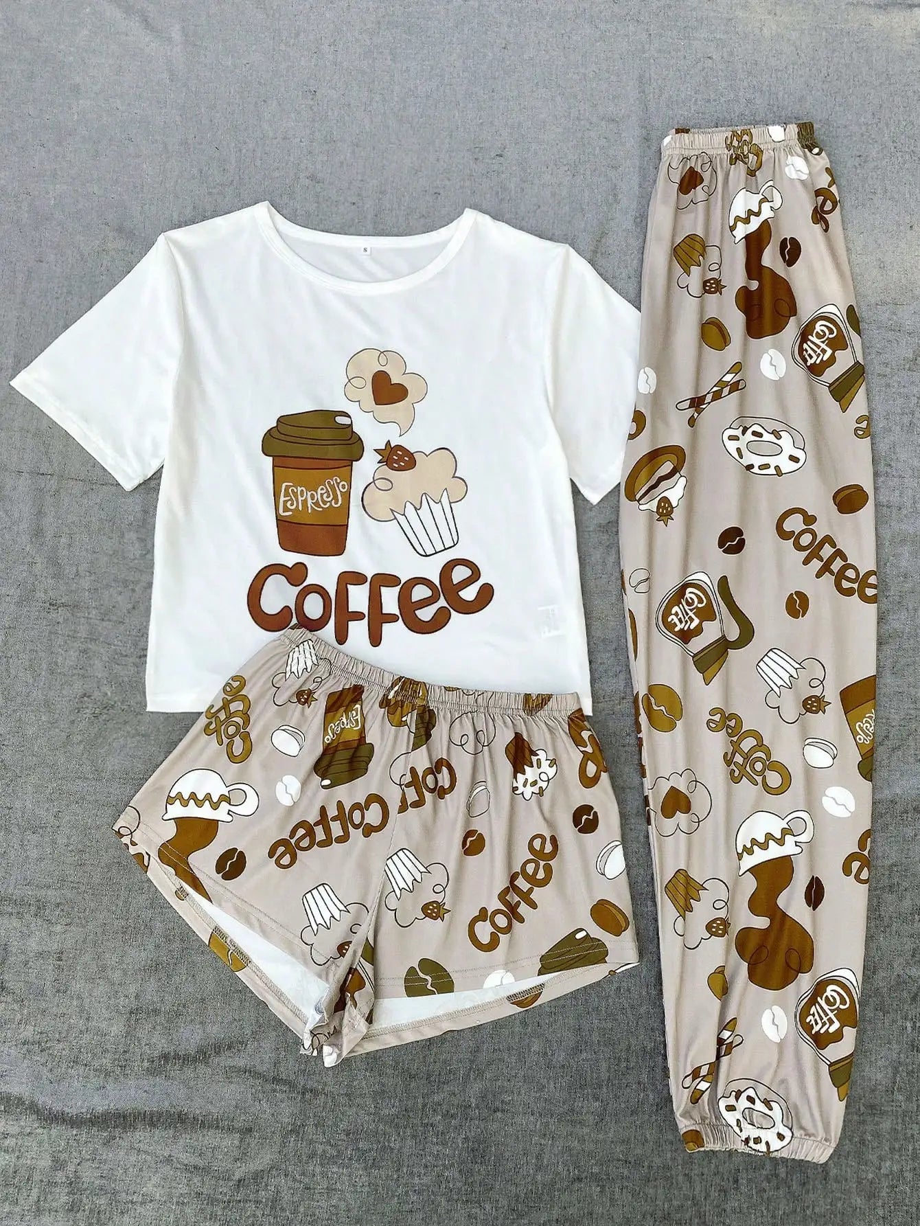 Coffee Themed Graphic Pajama Set With Shorts and Pants