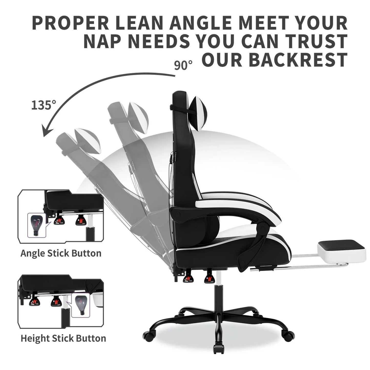 Wotsta Gaming Chair With Footrest Lumbar Support Adjustable Height