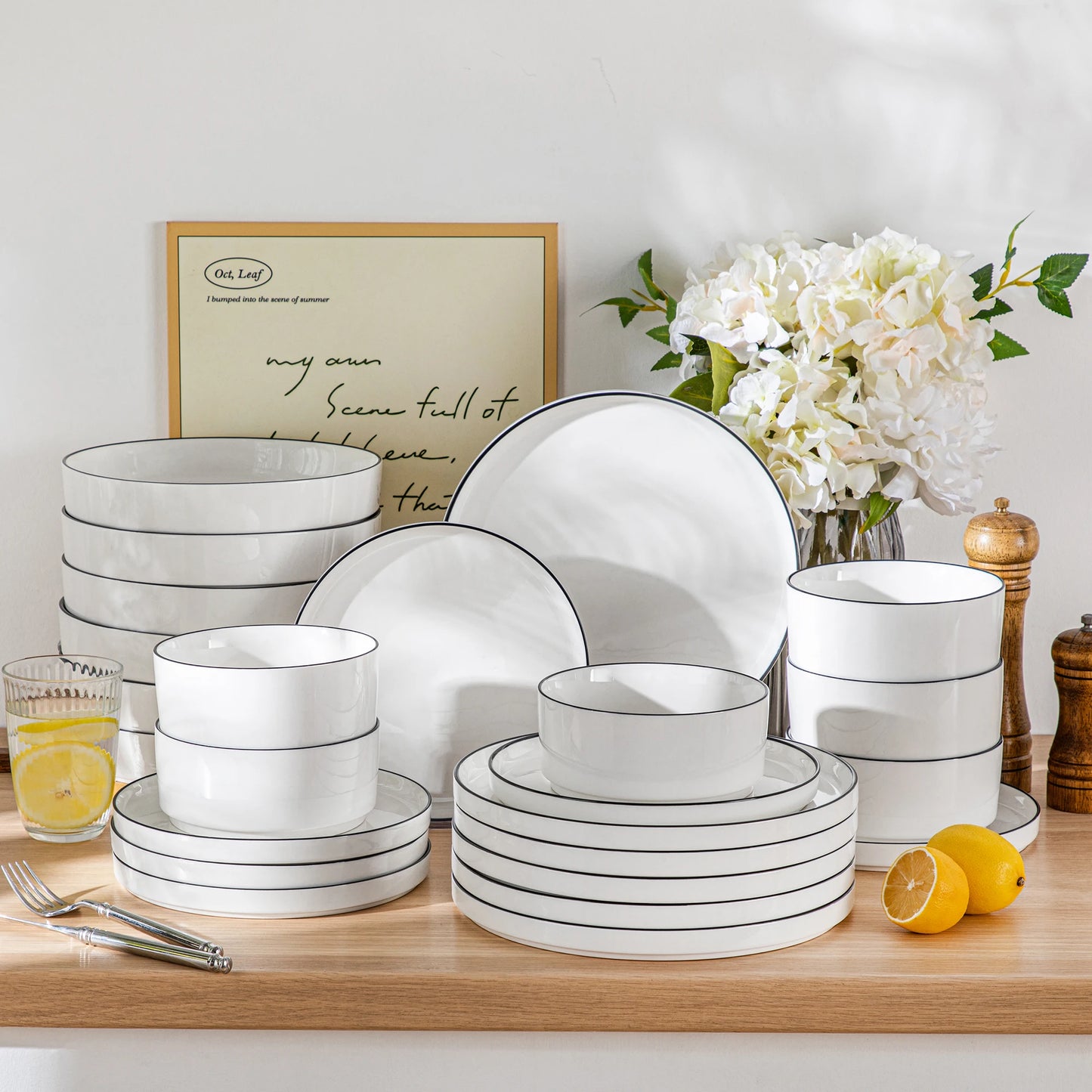 MALACASA Ceramic Dinner Plate Set Rimmed Edge Dinnerware