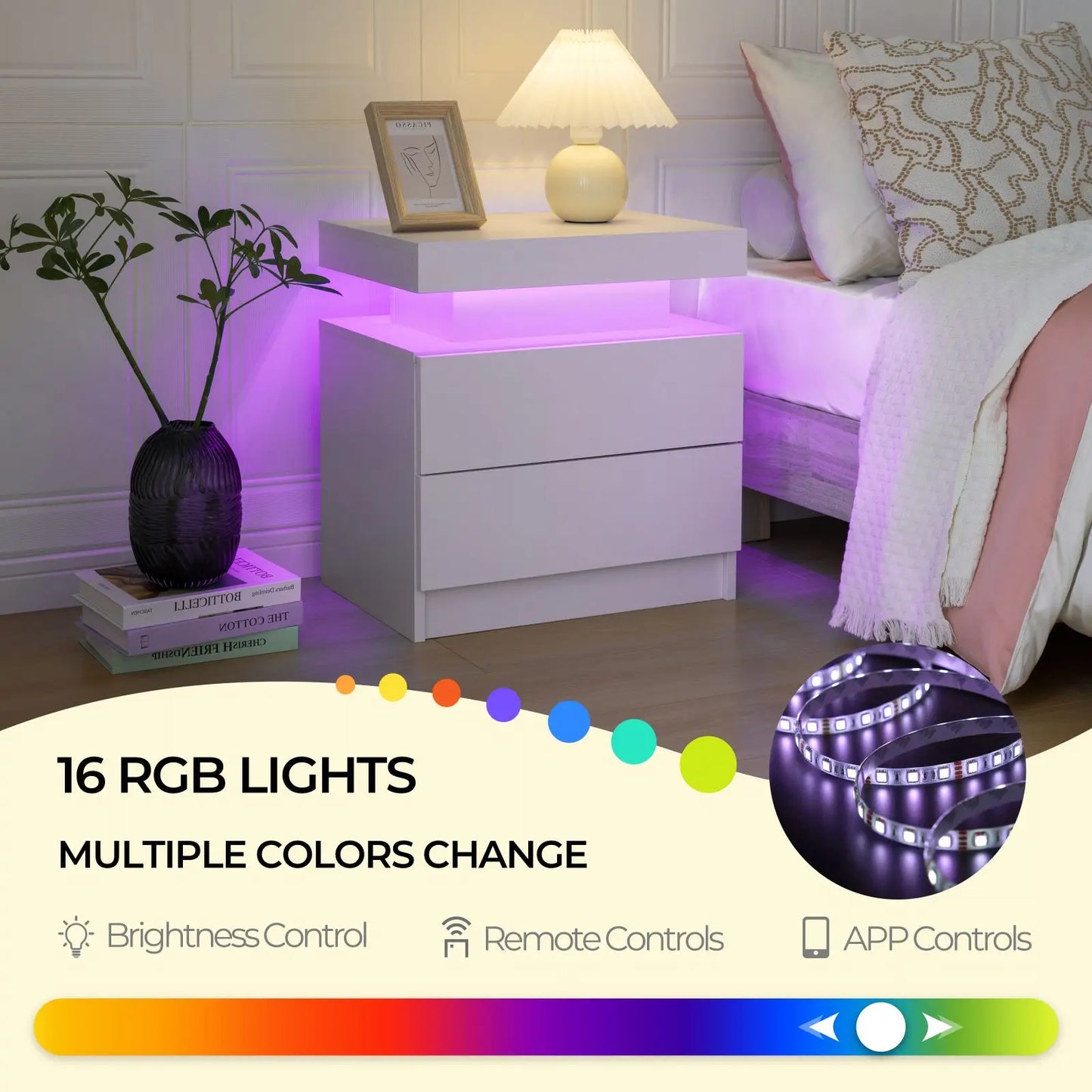 Cubehom LED Nightstand With Two Drawers End Table For Bedroom