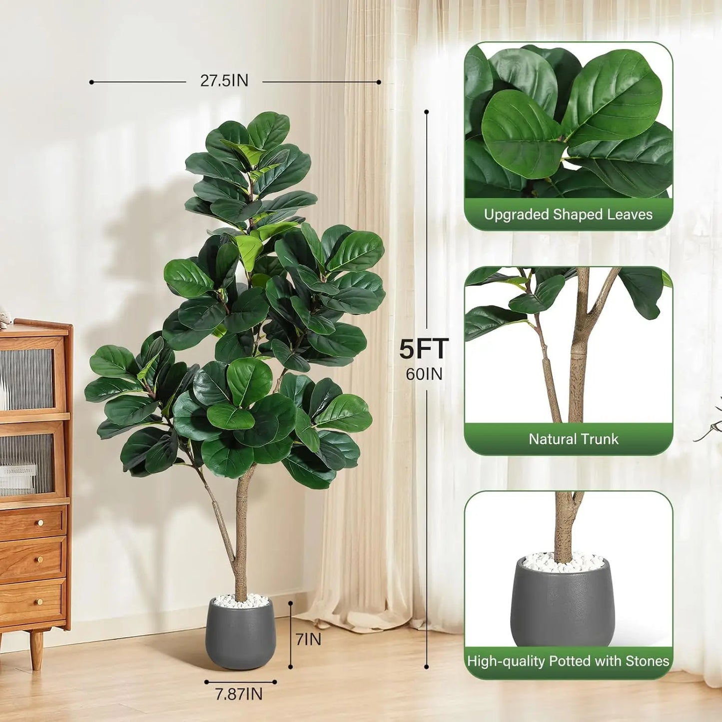 HiMISS Fiddle Leaf Fig Tree Artificial In White Planter Pot For Home Decor