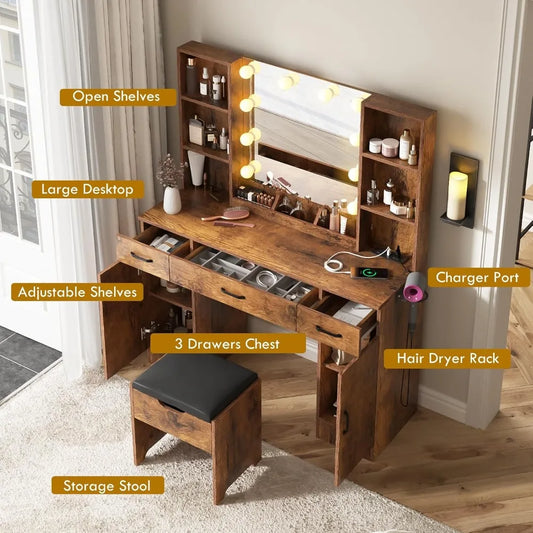 Makeup Vanity Desk With Lighted Mirror And Power Strip Rustic Farmhouse Style