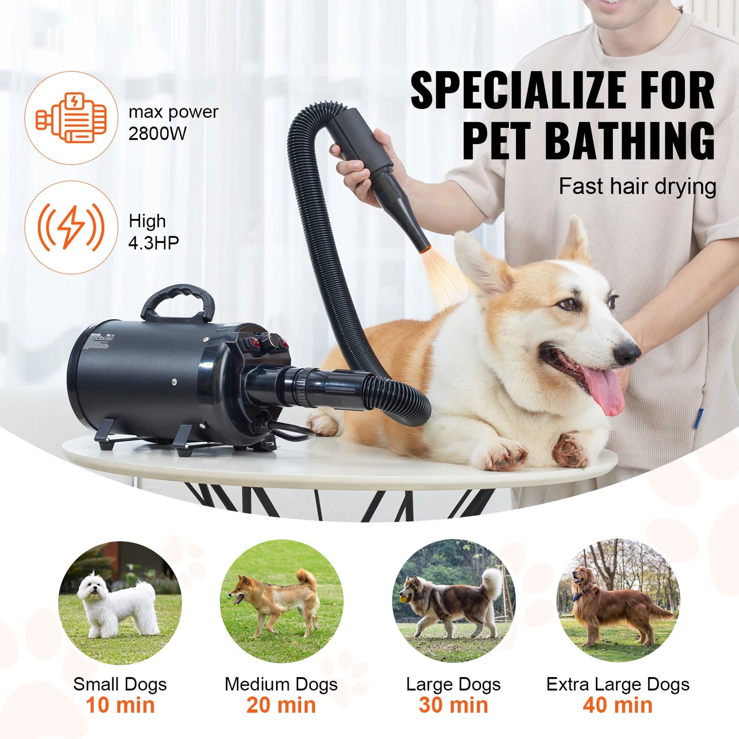 SucceBuy 2000W Dog Blow Dryer Adjustable Speed Temperature Extendable Hose