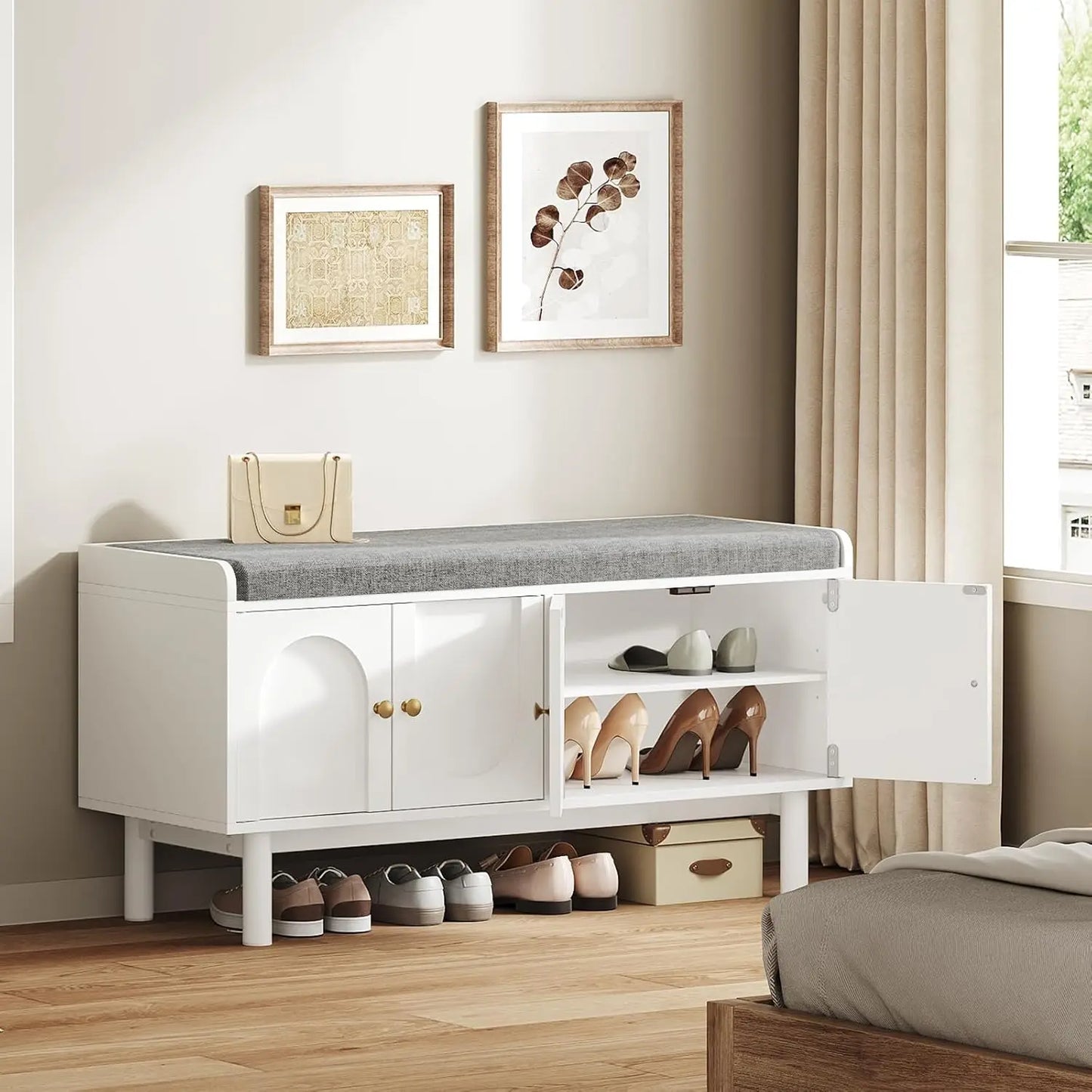 ZHILU Two Tier Entryway Shoe Storage Bench With Cushion