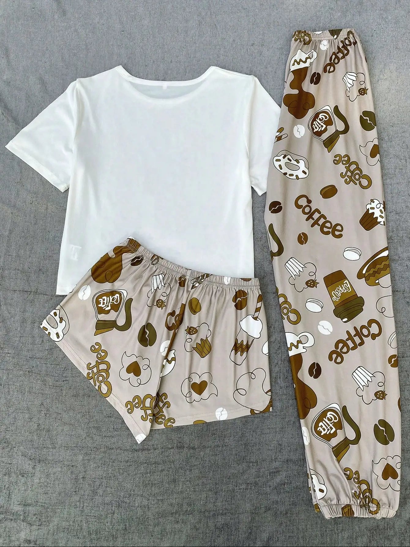 Coffee Themed Graphic Pajama Set With Shorts and Pants