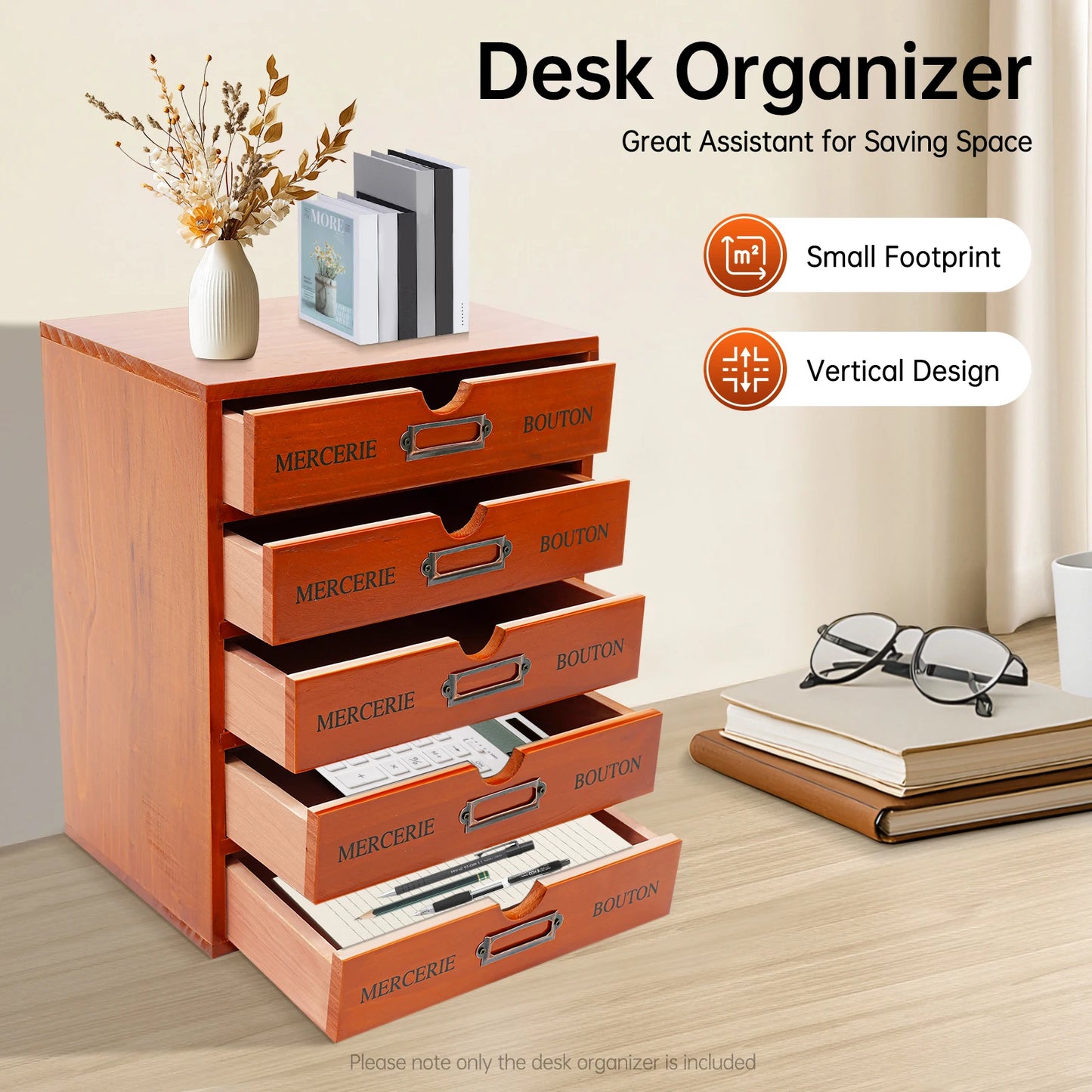 Wooden 5 Drawer Desk Organizer For Office And Study