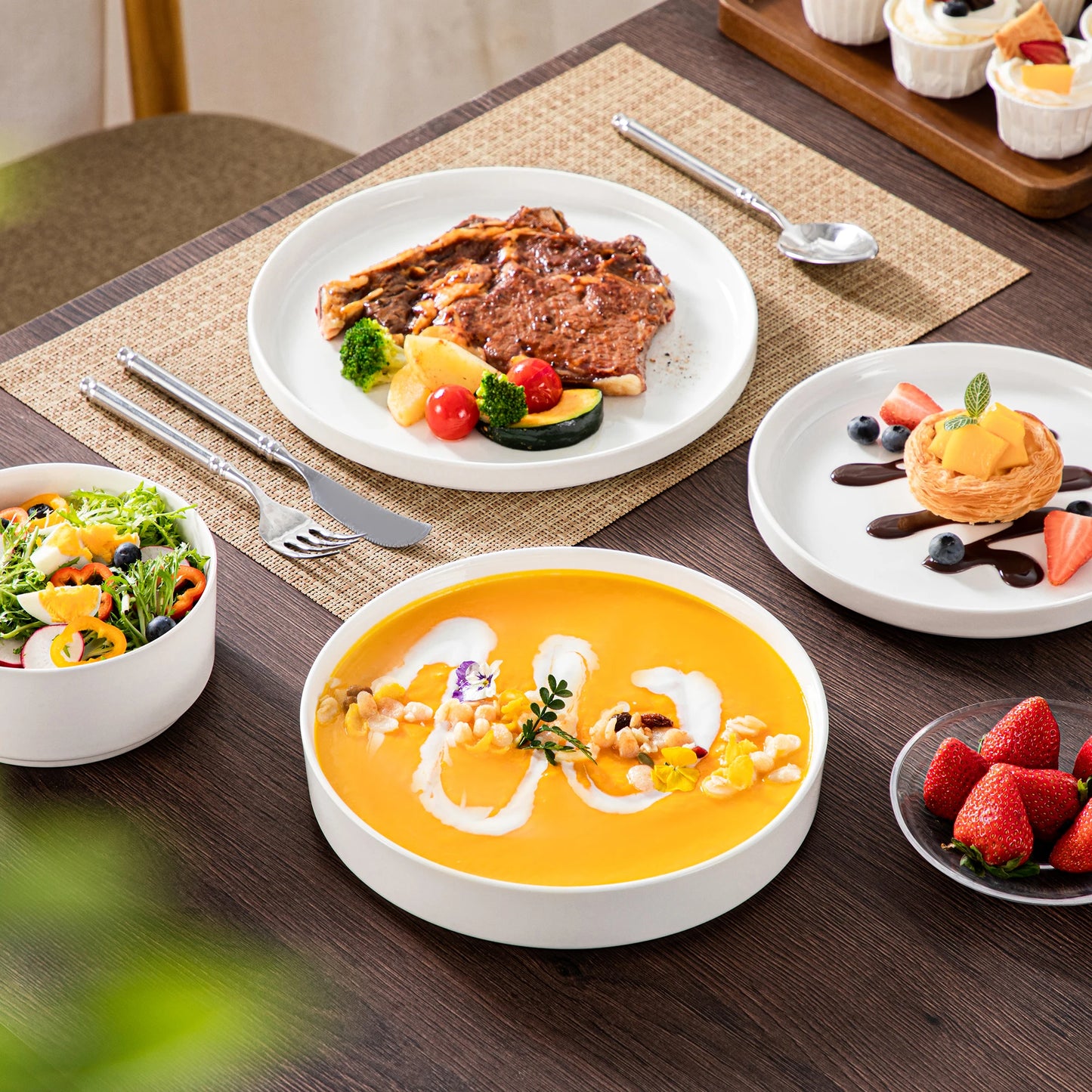 MALACASA Ceramic Dinner Plate Set Rimmed Edge Dinnerware