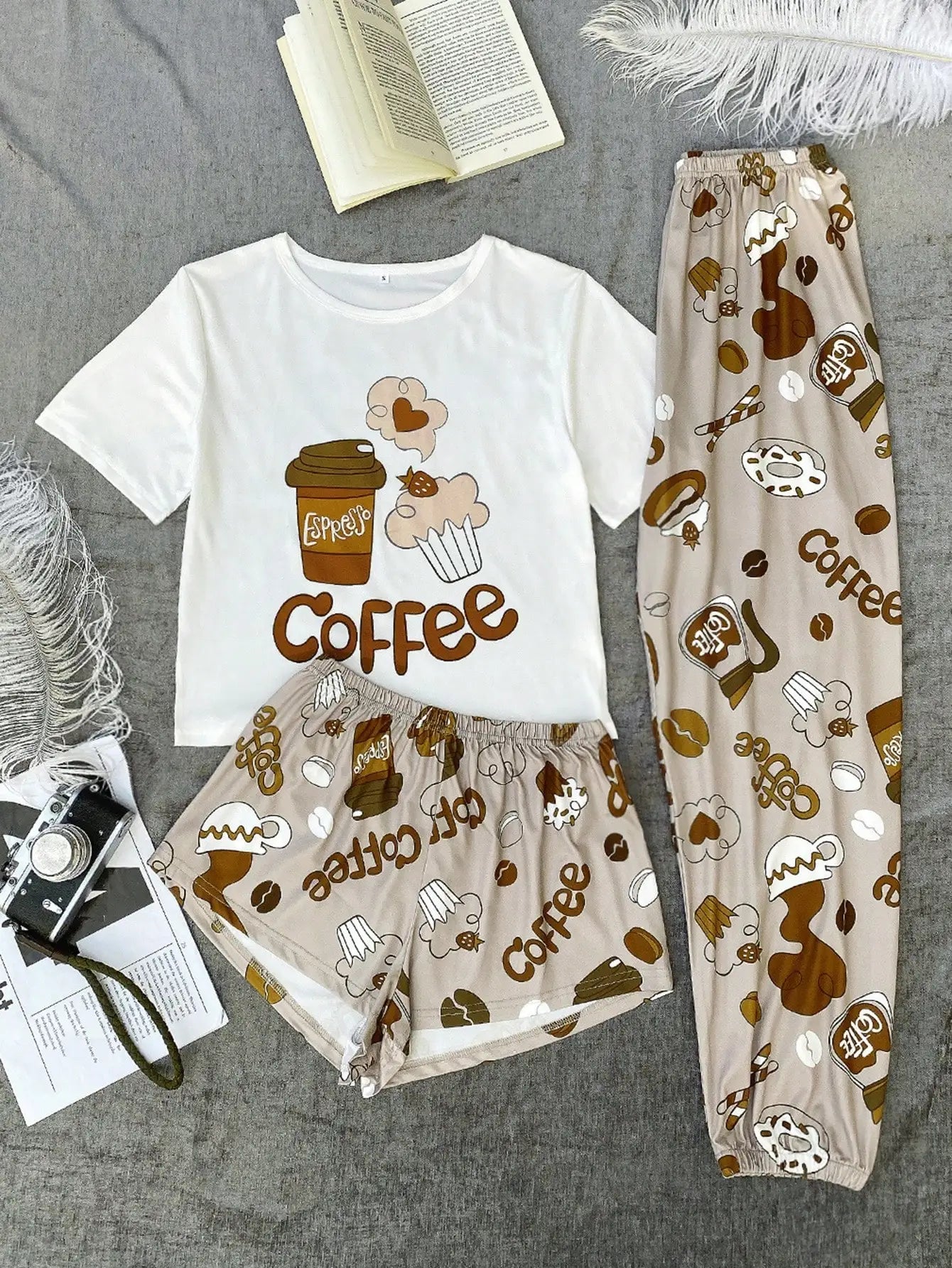Coffee Themed Graphic Pajama Set With Shorts and Pants