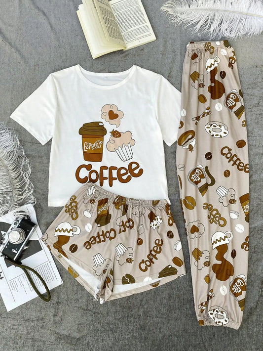 Coffee Themed Graphic Pajama Set With Shorts and Pants