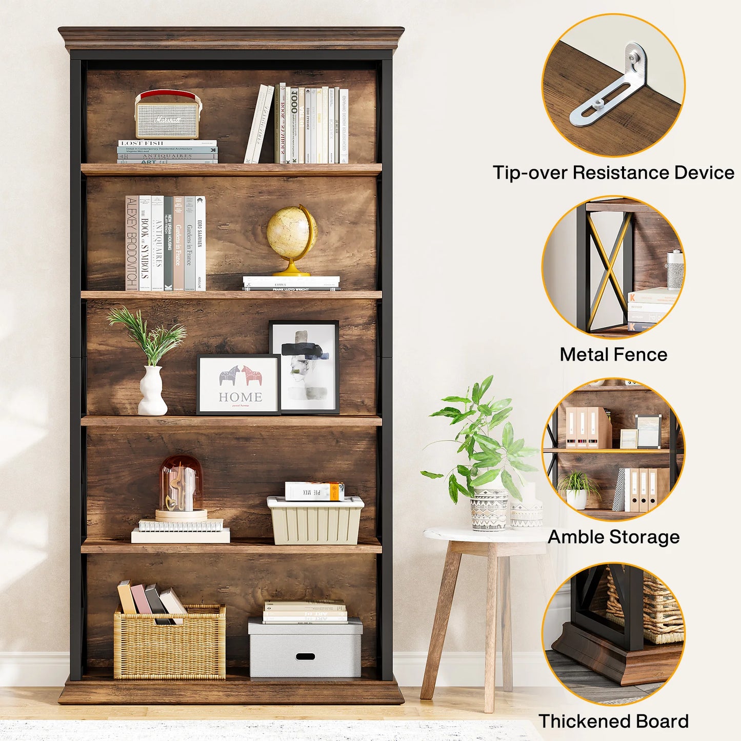 Tribesigns 5 Tier Floor Standing Bookcase Industrial Bookshelf