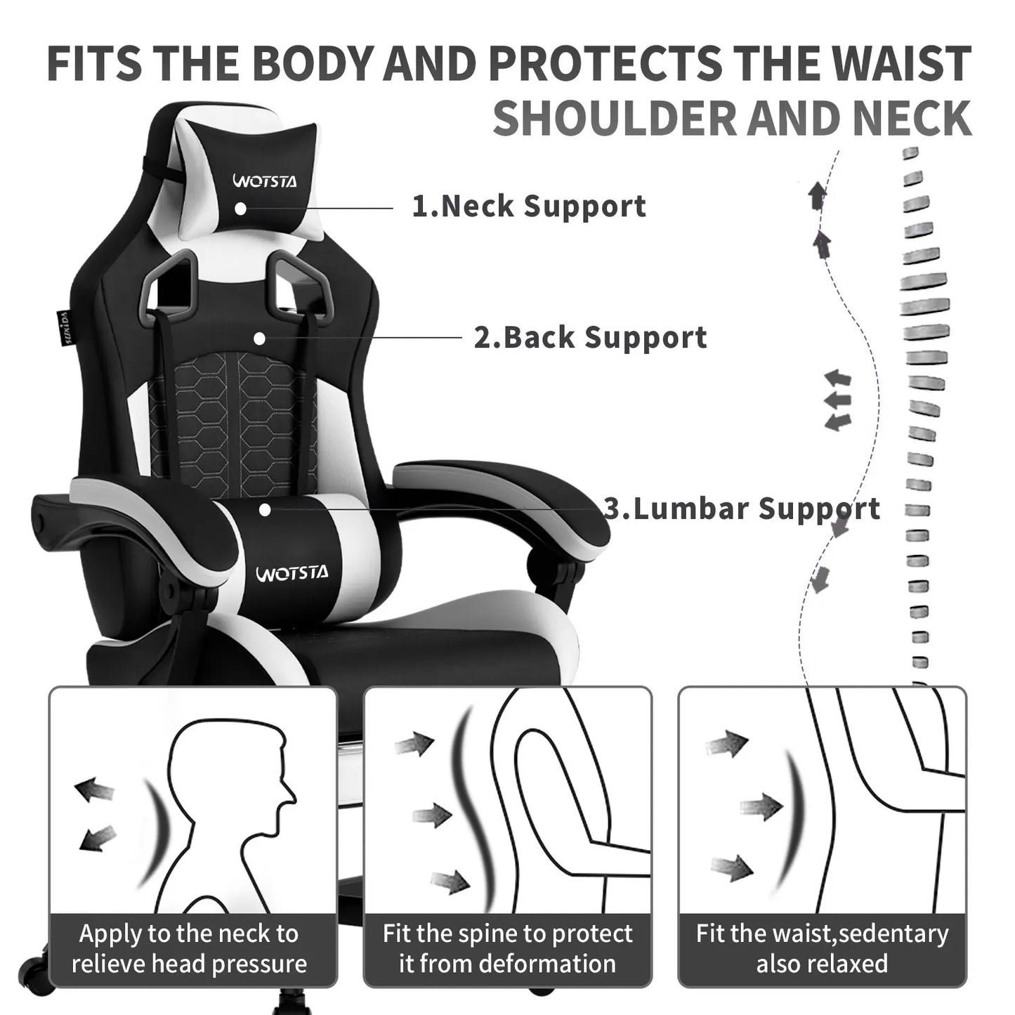 Wotsta Gaming Chair With Footrest Lumbar Support Adjustable Height