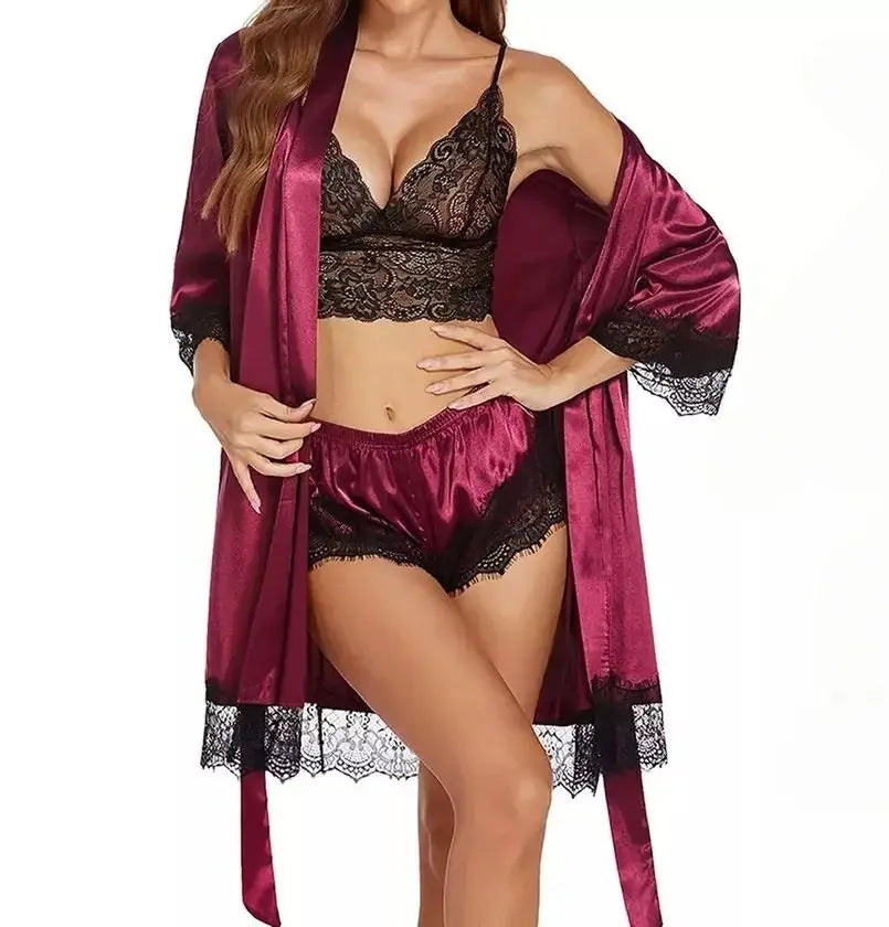 Satin Lace Lingerie Set For Women Nightwear Bralette Shorts Robe