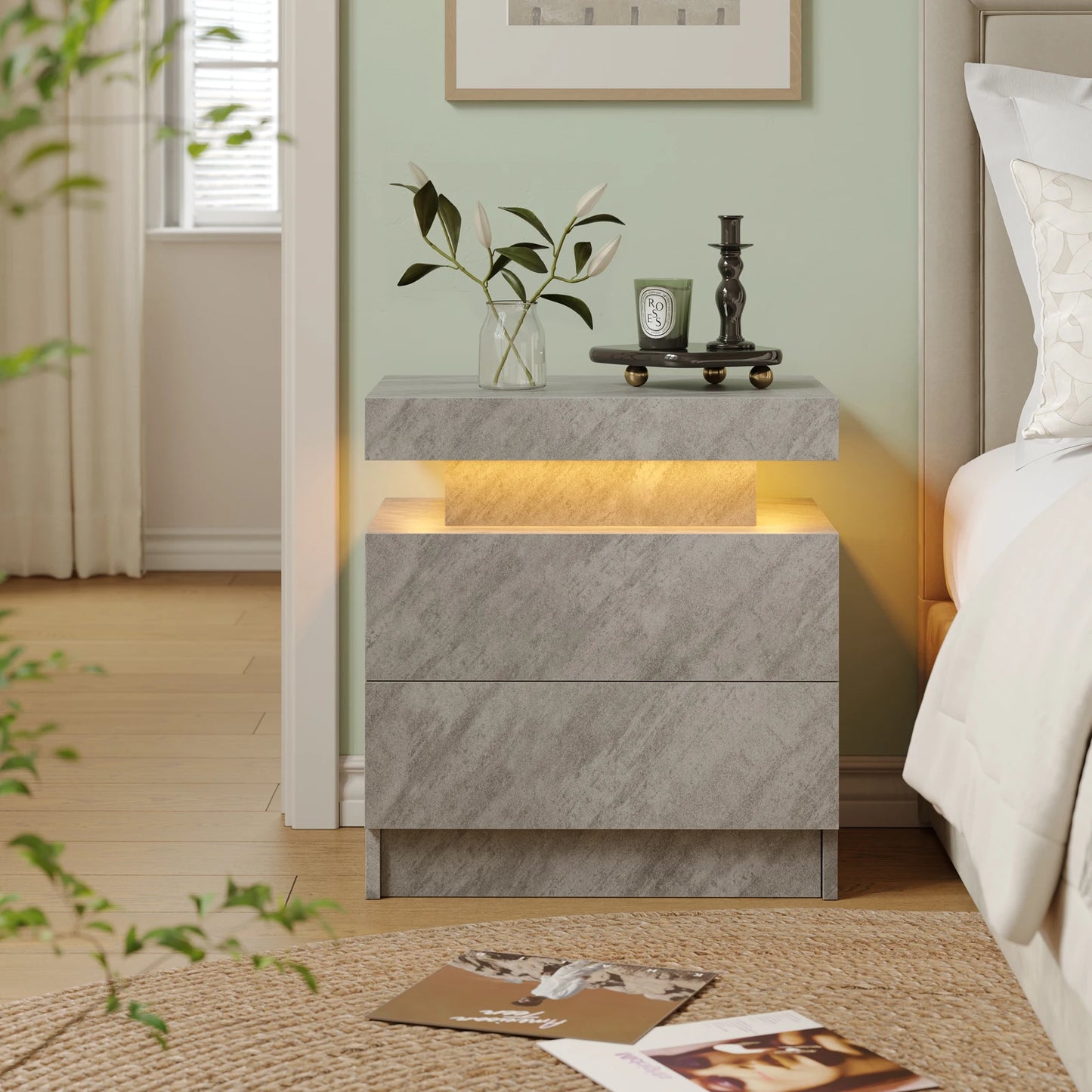 Cubehom LED Nightstand With Two Drawers End Table For Bedroom