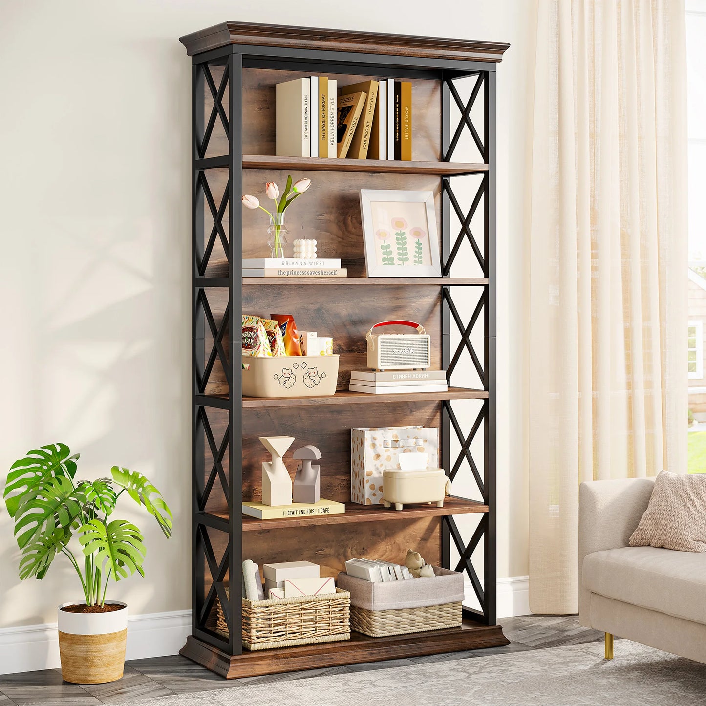Tribesigns Five Shelf Floor Standing Bookcase Industrial Style