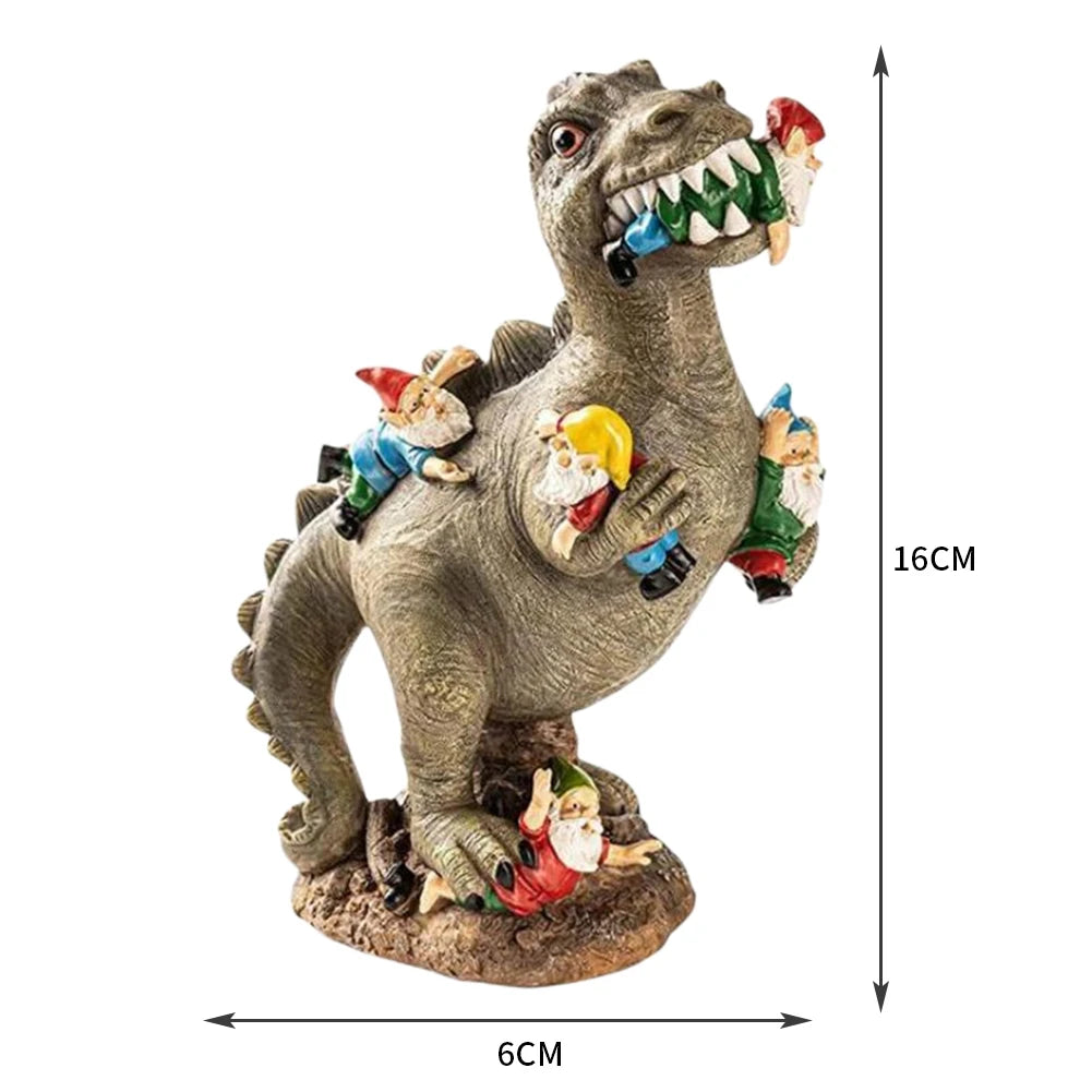 Dinosaur Eating Gnomes Resin Garden Ornament Weatherproof Outdoor Decor
