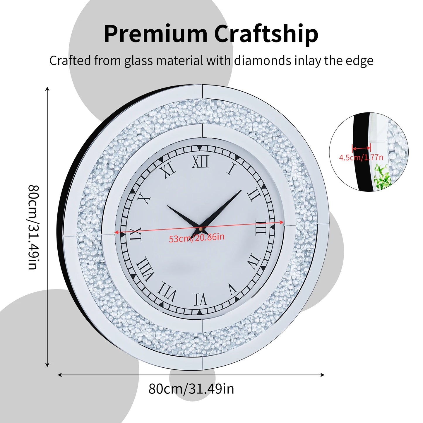 Round Mirror Wall Clock with Crystal Sparkle Embellishments