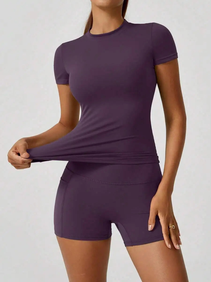 Womens High Waist Tummy Control Butt Lifting Short Sleeve Set