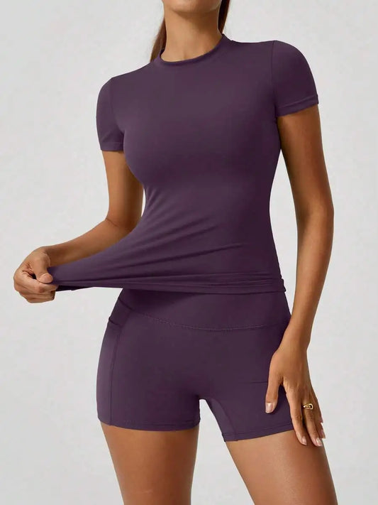 Womens High Waist Tummy Control Butt Lifting Short Sleeve Set