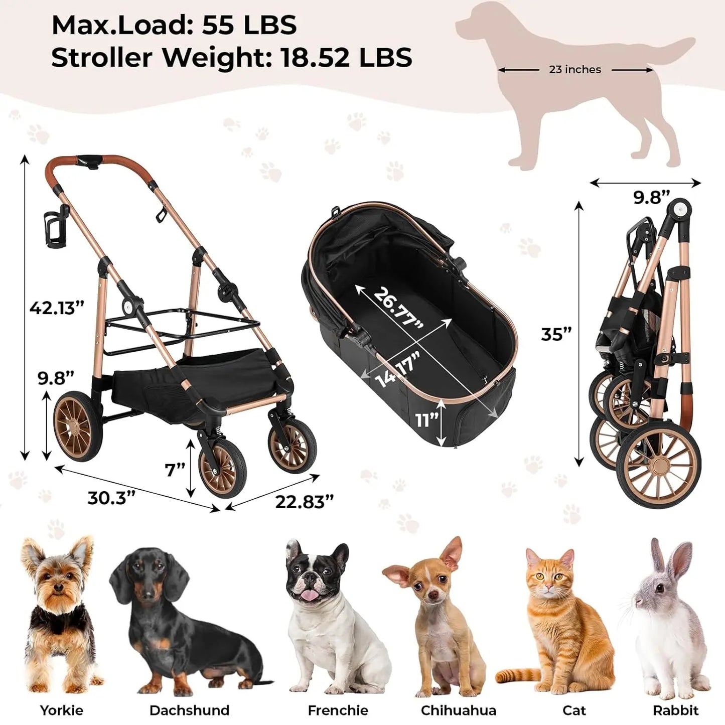 Foldable Cat and Dog Stroller 2in1 With 360 Degree Wheels Max Load 25 Kg