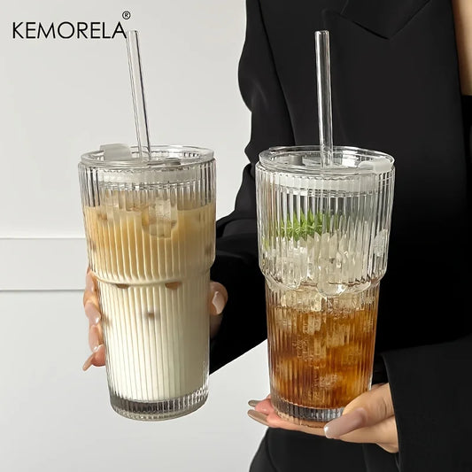 KEMORELA Glass Coffee Cup With Lid For Iced Coffee
