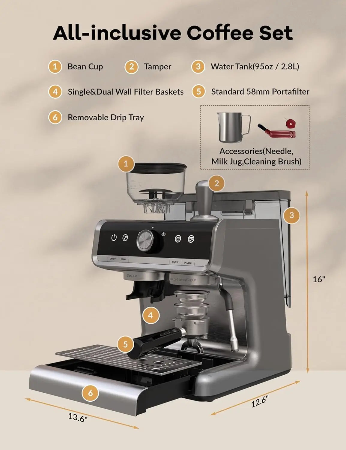 Acekool 20 Bar Espresso Machine With Grinder 1450W Latte