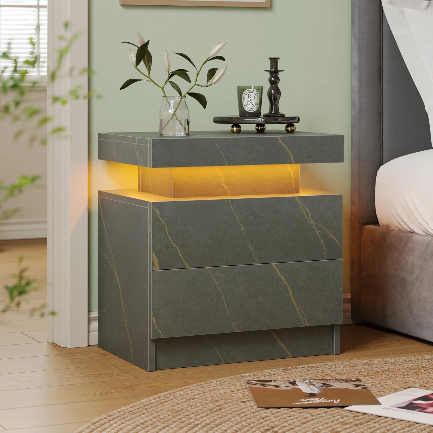 Cubehom LED Nightstand With Two Drawers End Table For Bedroom