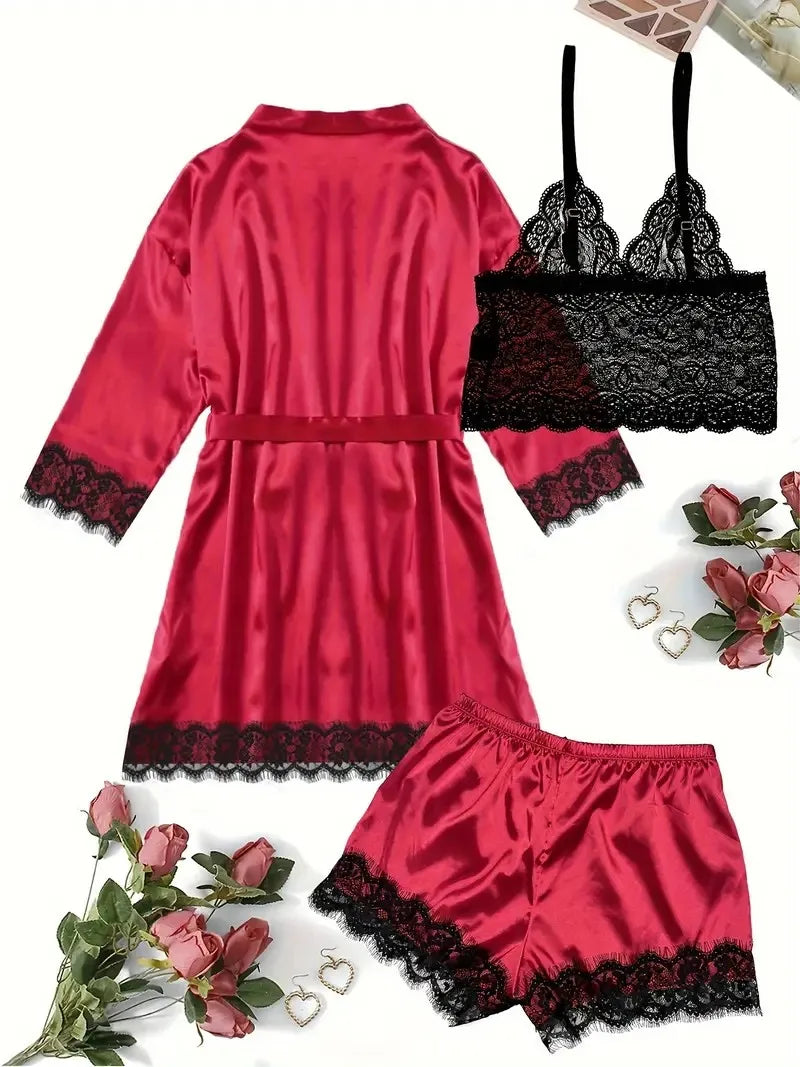 Satin Lace Lingerie Set For Women Nightwear Bralette Shorts Robe