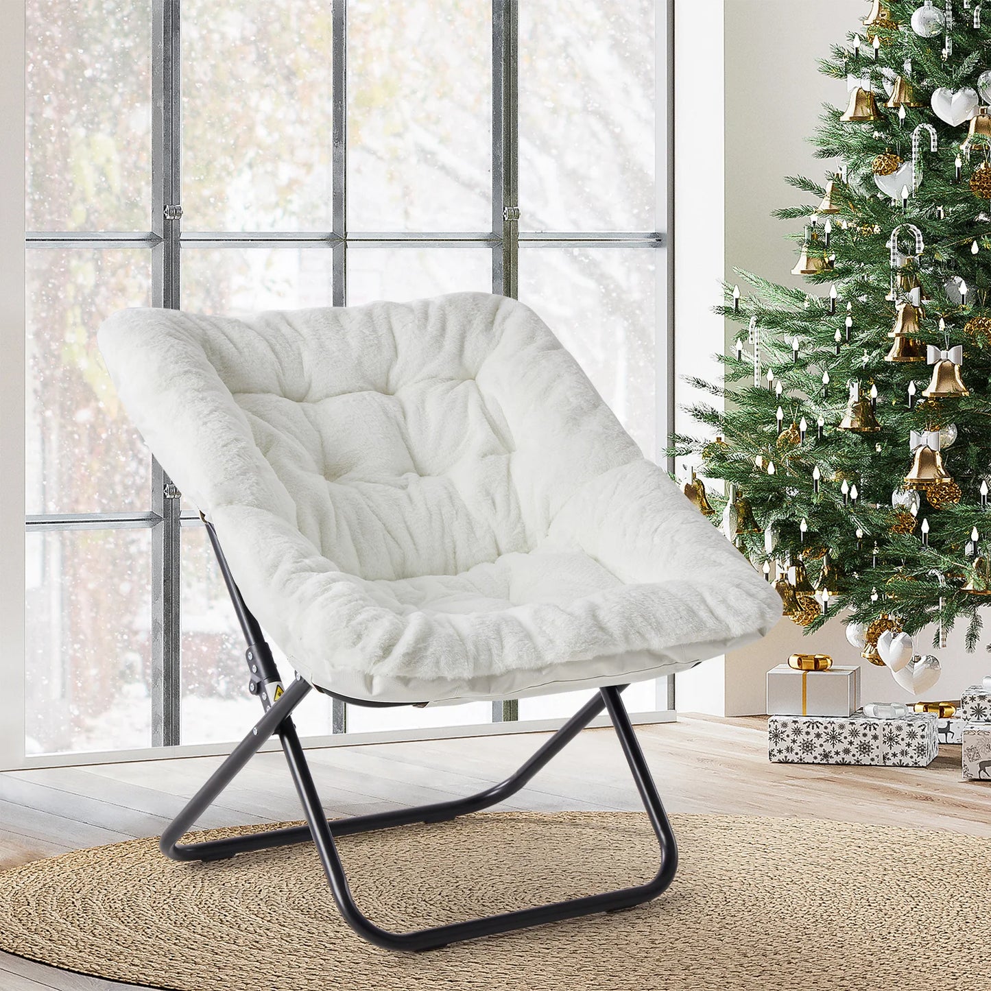 JHK Cozy Faux Fur Saucer Chair Folding With Padded Seat And Metal Frame