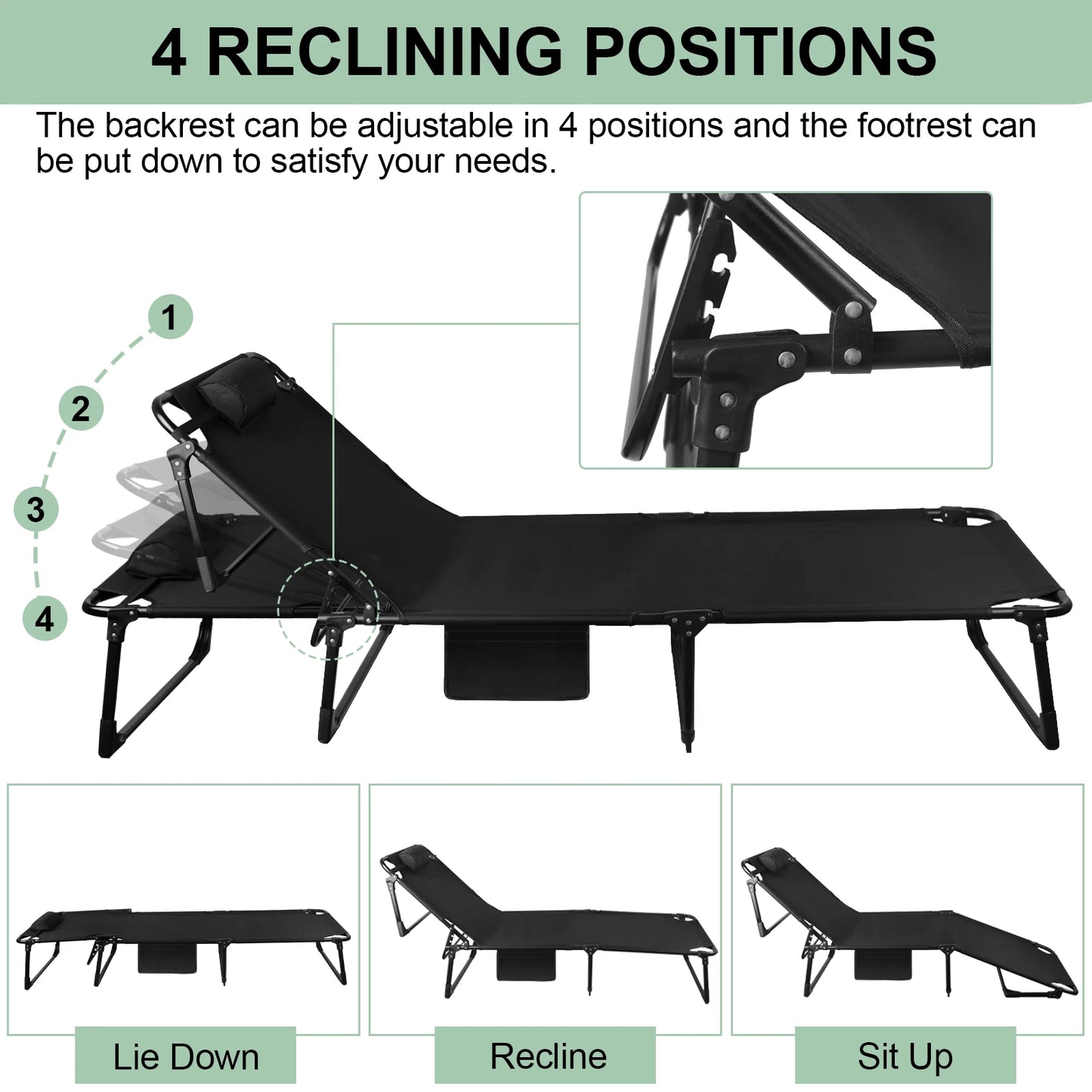 Portable Folding Camping Cot With 3-Position Reclining Lounge Chair Pillow