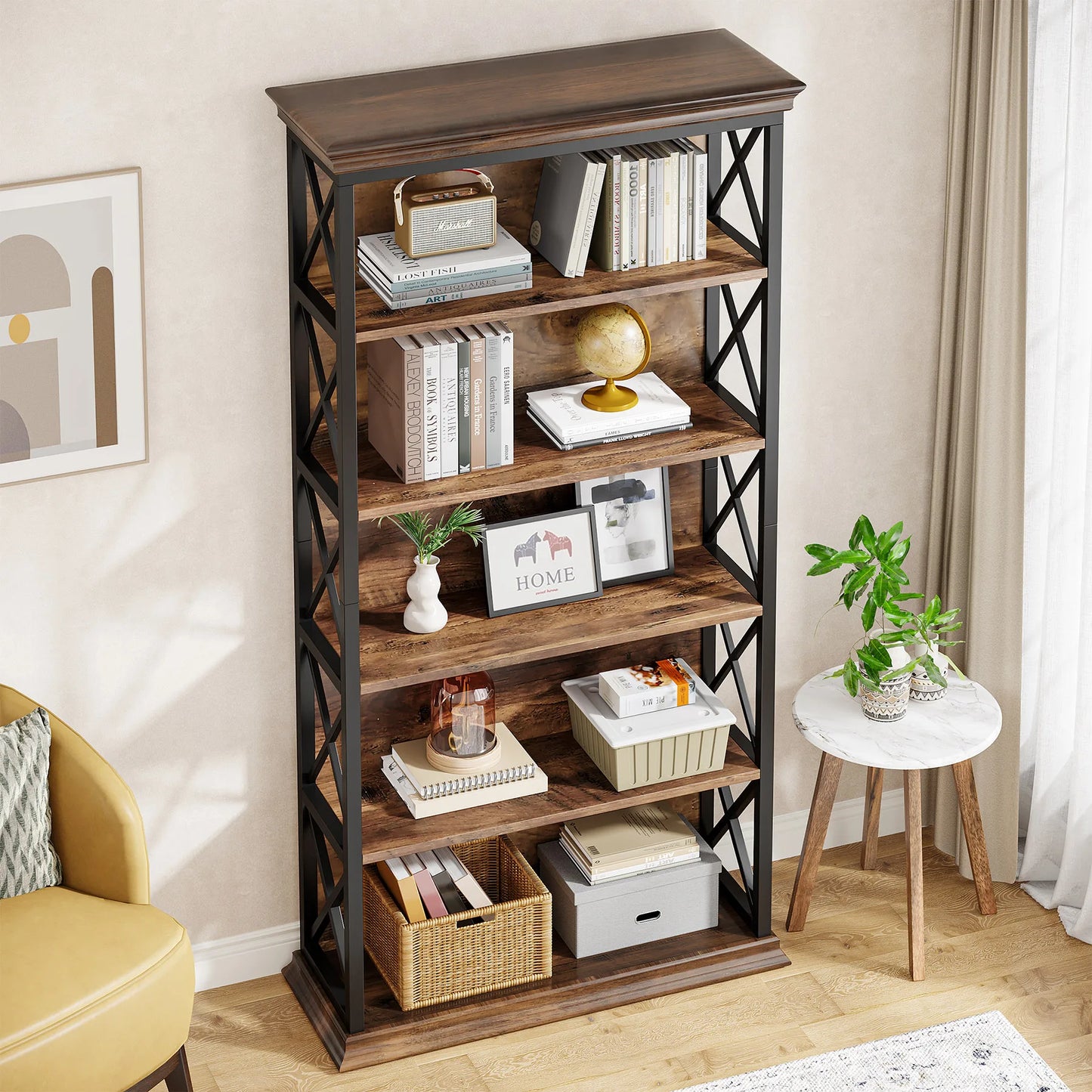 Tribesigns Five Shelf Floor Standing Bookcase Industrial Style