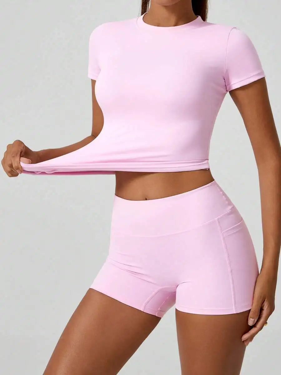 Womens High Waist Tummy Control Butt Lifting Short Sleeve Set
