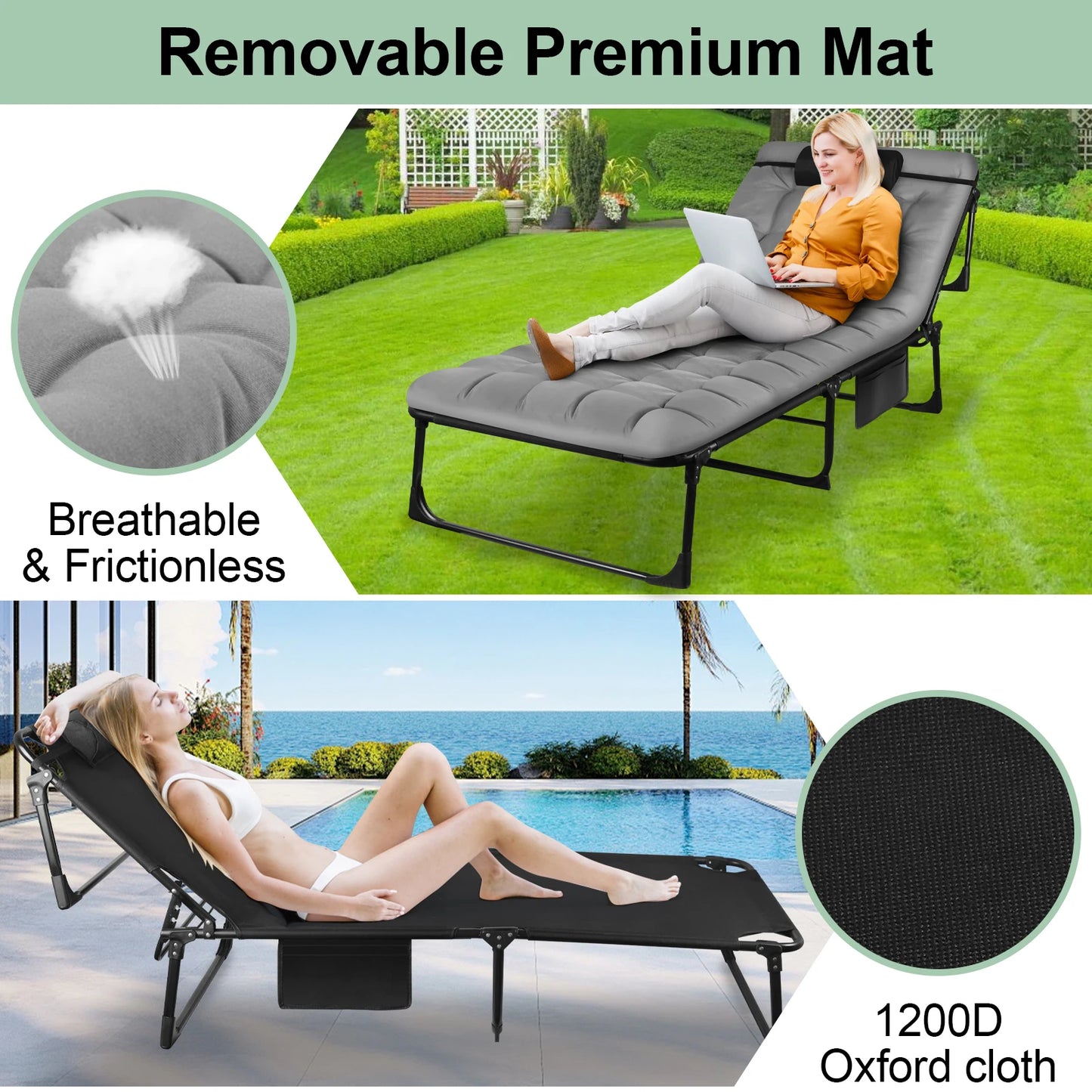 Portable Folding Camping Cot With 3-Position Reclining Lounge Chair Pillow
