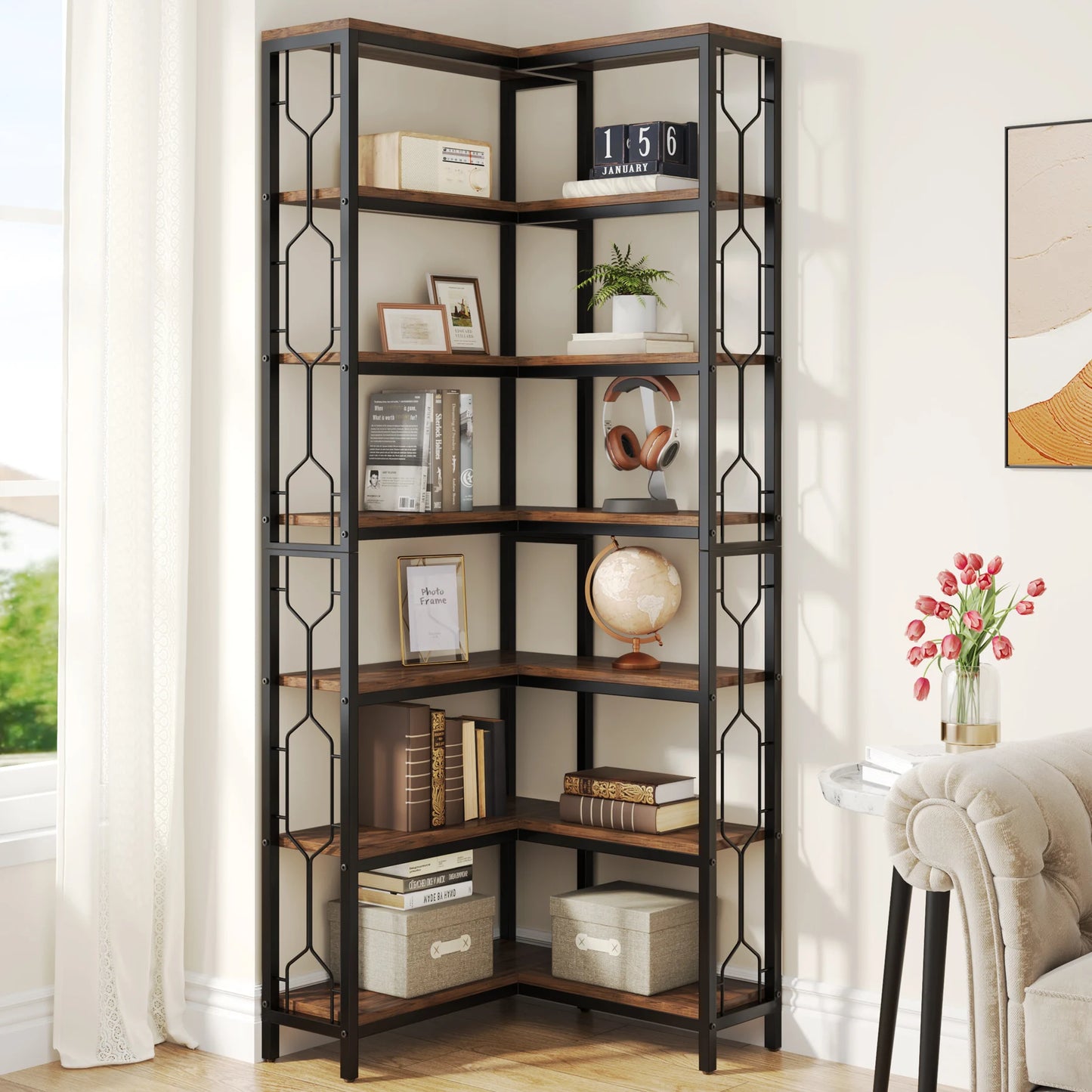 Tribesigns 7-Tier Corner Shelf Industrial Wood and Metal Etagere